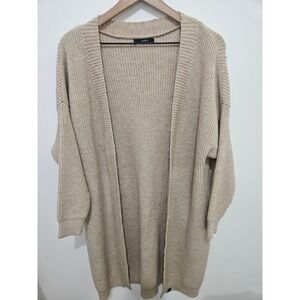 Apres Tan Beige Ribbed Knit Oversized Open Front Cardigan Wool Blend Sweater
